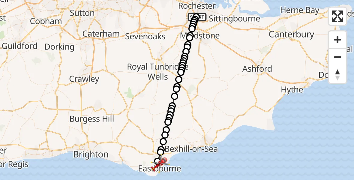 Flight route map: Air Ambulance Helicopter to Eastbourne, King's Drive