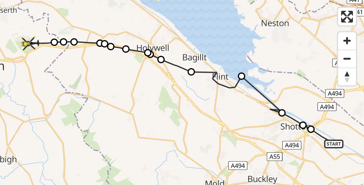 Flight route map: Police Helicopter to St Asaph, St Asaph