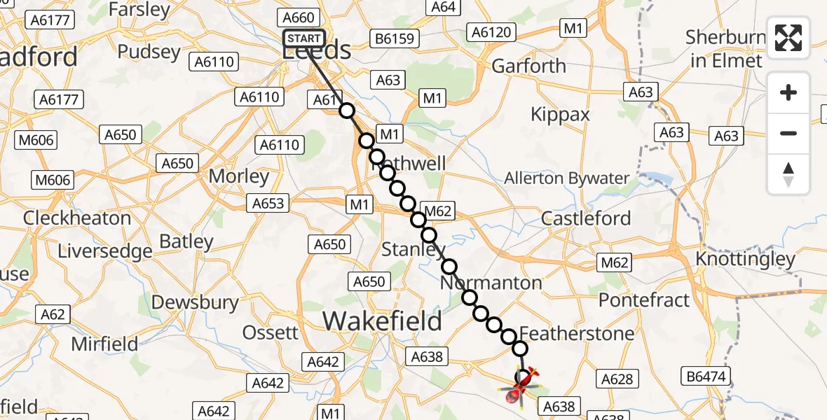 Flight route map: Air Ambulance Helicopter to YAA Nostell Helicopter Port, YAA Nostell Helicopter Port