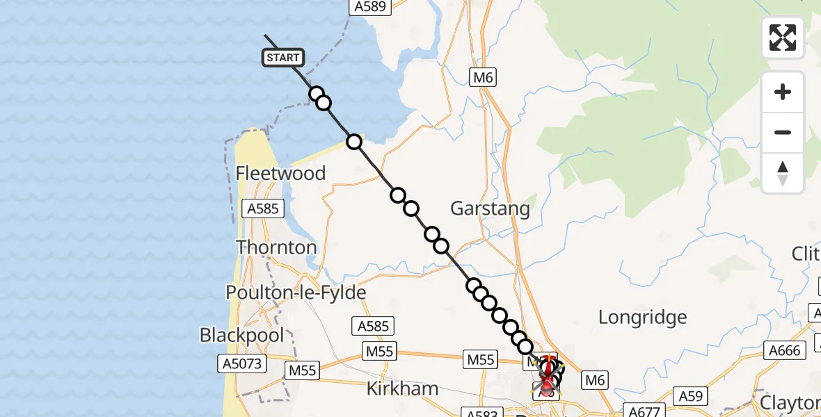 Flight route map: Air Ambulance Helicopter to Preston, Sharoe Green Lane