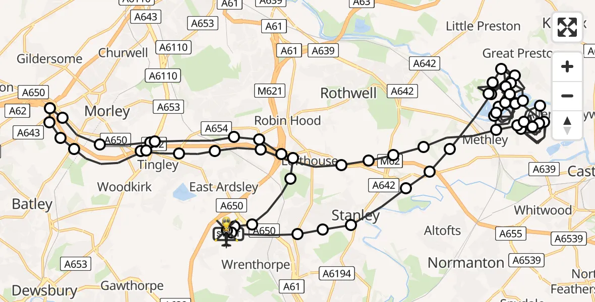 Flight path map showing Police Helicopter route from Wrenthorpe to Wakefield