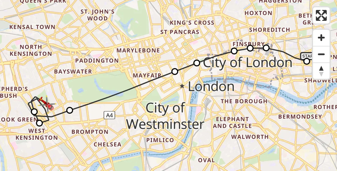 Flight route map: Air Ambulance Helicopter to Royal Borough of Kensington and Chelsea, Ilchester Place
