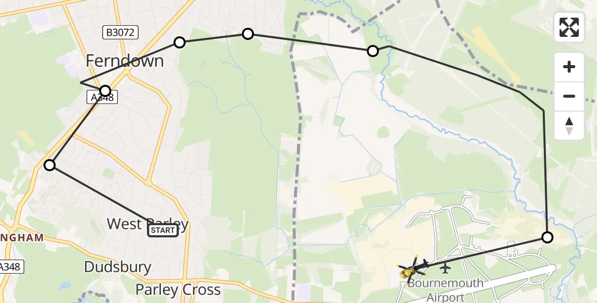 Flight route map: Police Helicopter to Bournemouth Airport, Bournemouth Airport