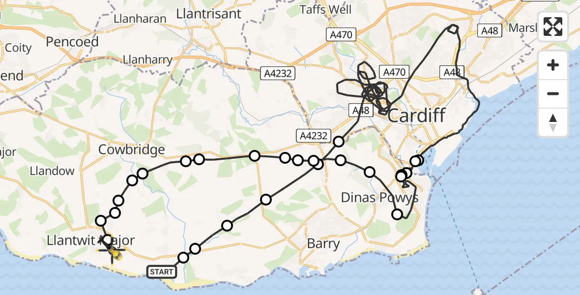 Routekaart van de vlucht: Police Helicopter to Boverton, Tre-Beferad
