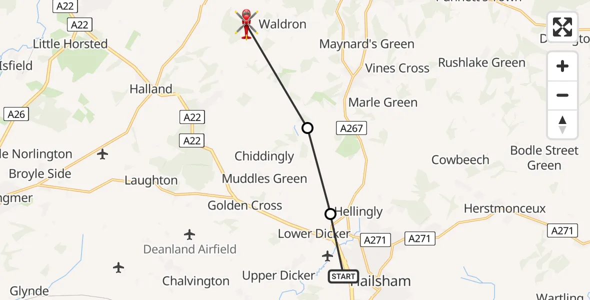 Routekaart van de vlucht: Air Ambulance Helicopter to Waldron, Hawkhurst Lane