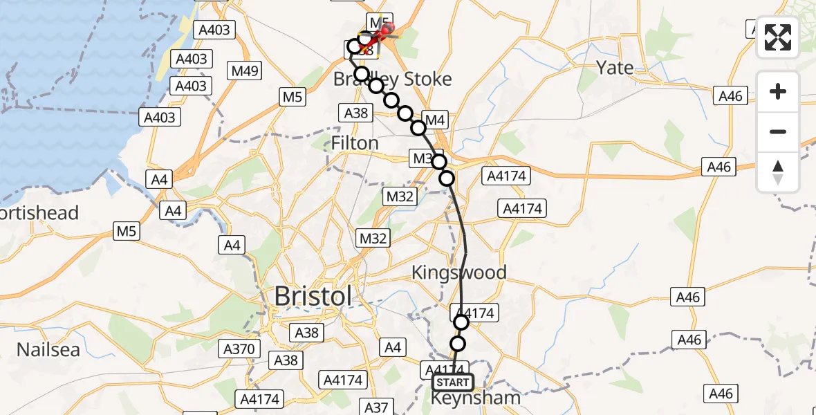 Routekaart van de vlucht: Air Ambulance Helicopter to Almondsbury Helicopter Base, Almondsbury Helicopter Base