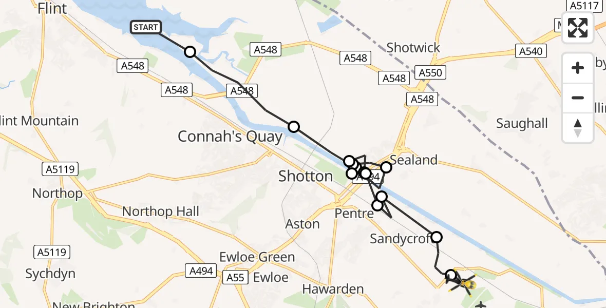 Flight route map: Police Helicopter to Hawarden Airport, Hawarden Airport