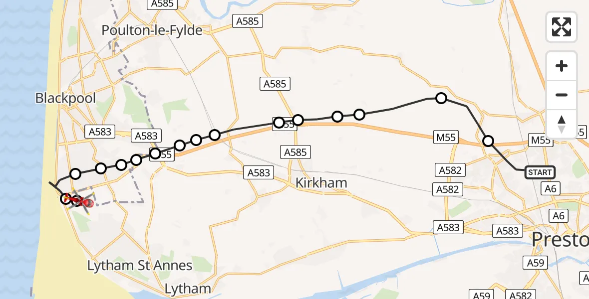 Flight route map: Air Ambulance Helicopter to Blackpool Airport, Blackpool Airport