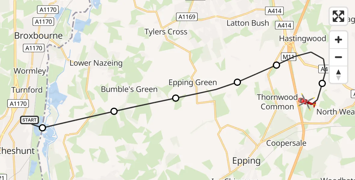 Routekaart van de vlucht: Air Ambulance Helicopter to North Weald Airfield, North Weald Airfield