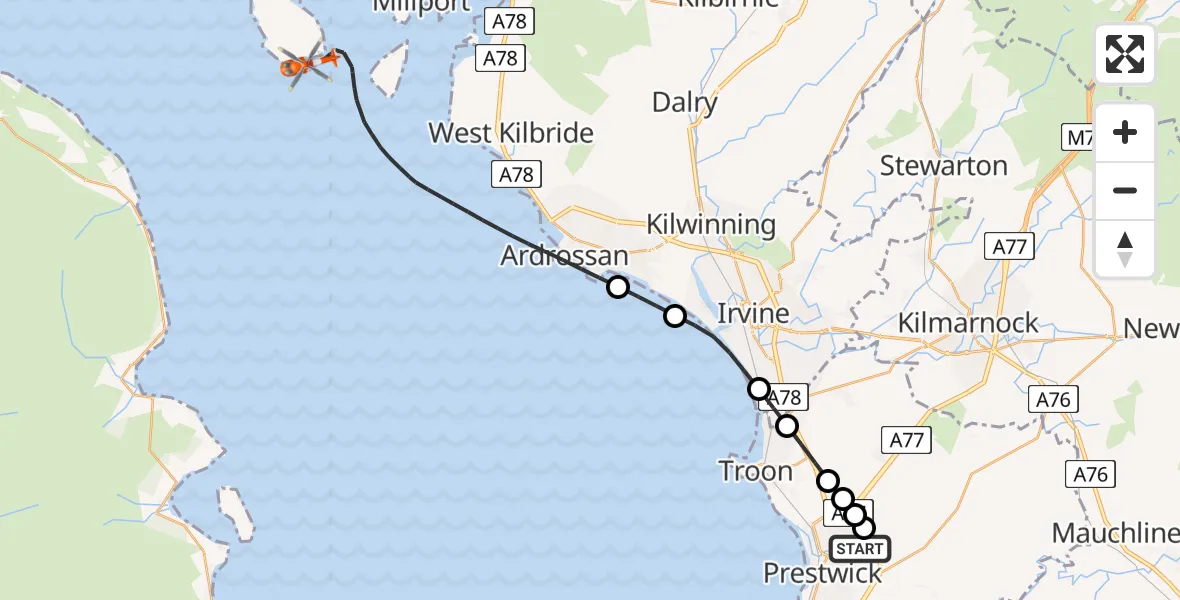 Flight route map: Coastguard Helicopter to Inner Seas, Inner Seas