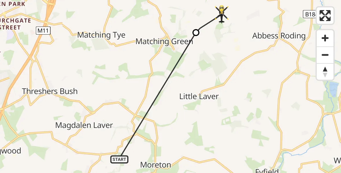 Routekaart van de vlucht: Police Helicopter to White Roothing, Airfield Way