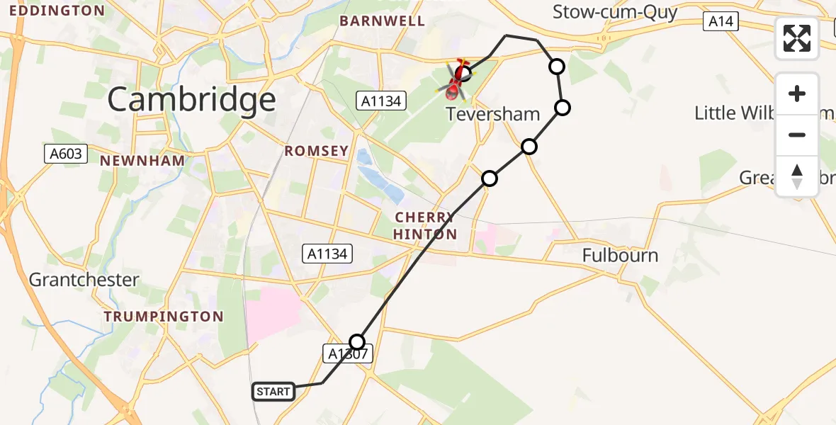 Routekaart van de vlucht: Air Ambulance Helicopter to Cambridge City Airport, Cambridge City Airport