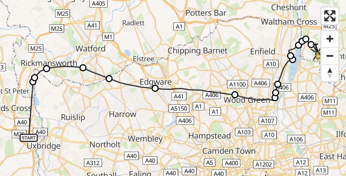 Flight route map: Police Helicopter to Sewardstonebury, Lippitts Hill