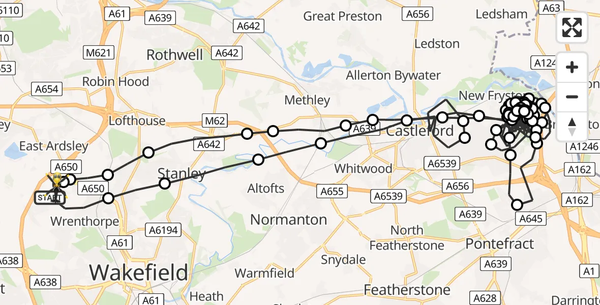 Flight path map showing Police Helicopter route from Wrenthorpe to Wakefield