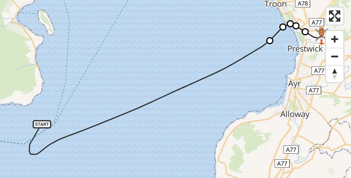 Flight route map: Coastguard Helicopter to Glasgow Prestwick Airport, Glasgow Prestwick Airport
