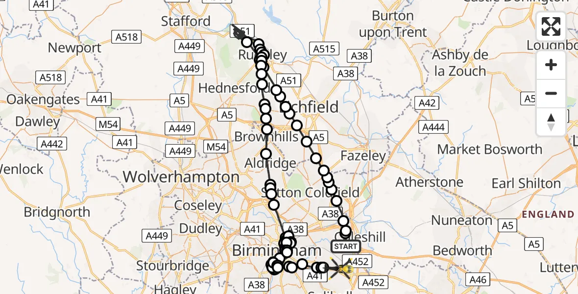 Flight route map: Police Helicopter to Birmingham Airport, Birmingham Airport