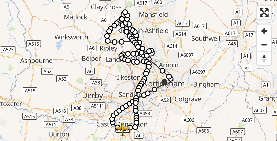 Flight route map: Police Aircraft to East Midlands Airport, East Midlands Airport