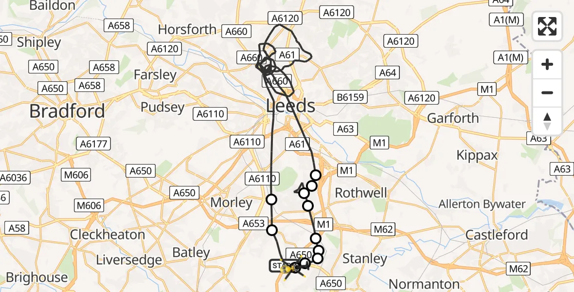 Routekaart van de vlucht: Police Helicopter to Wakefield, A650