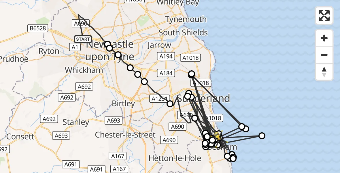 Routekaart van de vlucht: Police Helicopter to Seaham, Weybourne Lea