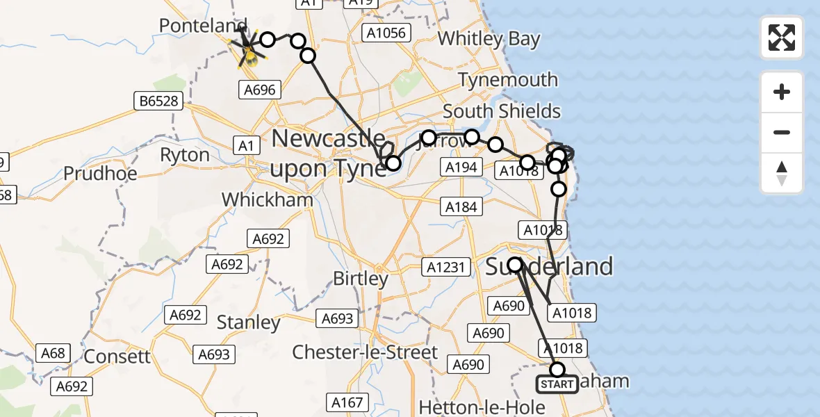 Flight route map: Police Helicopter to Newcastle International Airport, Newcastle International Airport
