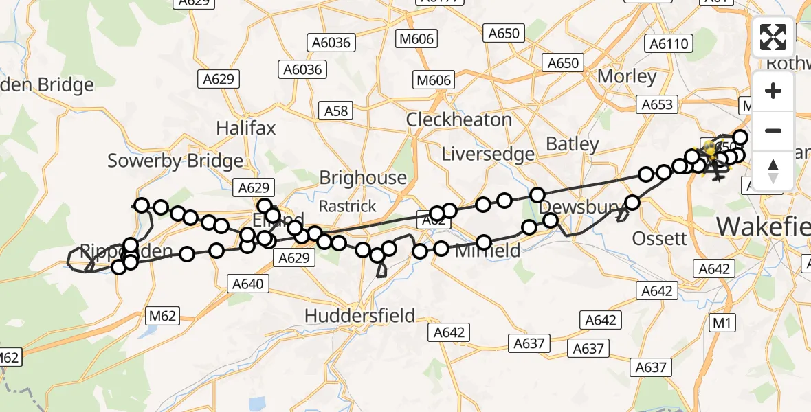 Flight path map showing Police Helicopter route from Wakefield to Wakefield
