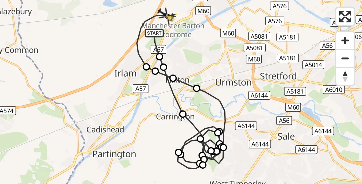 Flight route map: Police Helicopter to Manchester Barton Aerodrome, Manchester Barton Aerodrome
