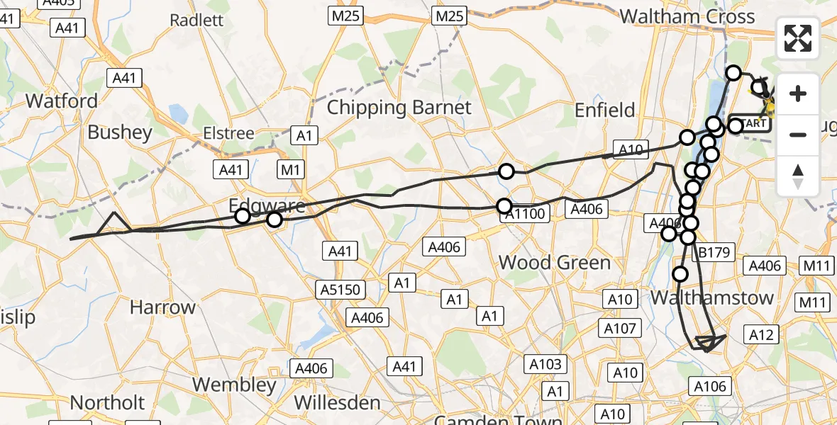 Flight route map: Police Helicopter to Sewardstonebury, Bury Road