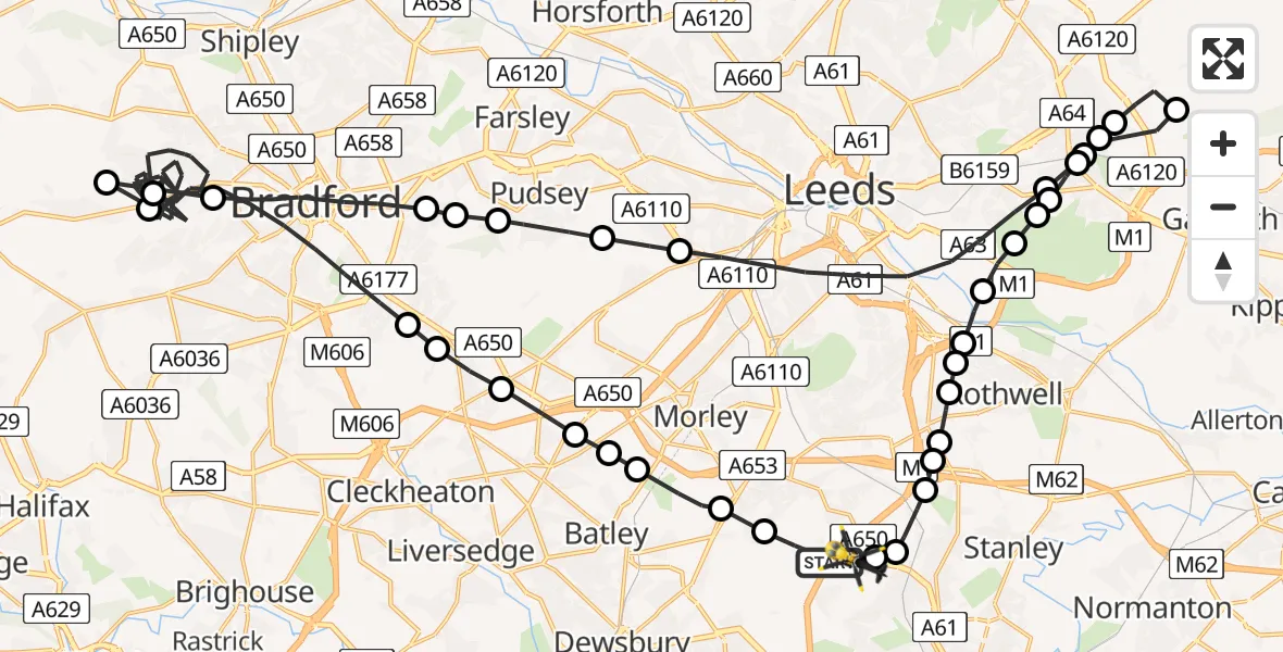 Flight path map showing Police Helicopter route from East Ardsley to Wakefield