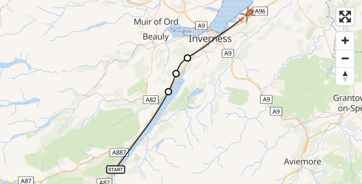 Flight route map: Coastguard Helicopter to Inverness, Woodend Road