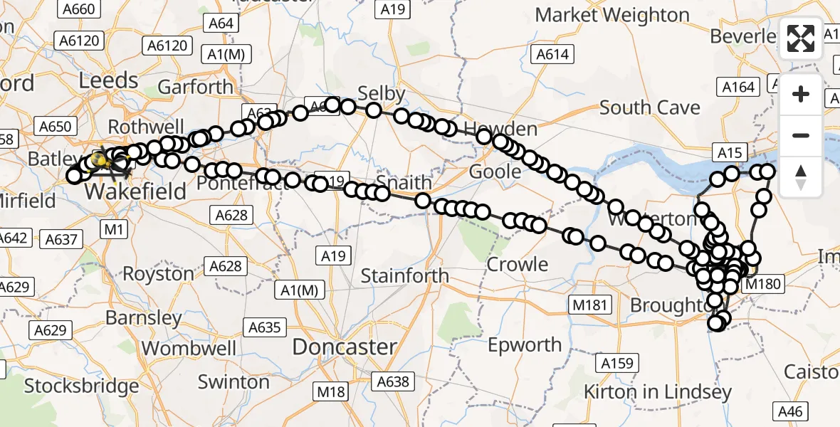 Flight path map showing Police Helicopter route from East Ardsley to Wakefield