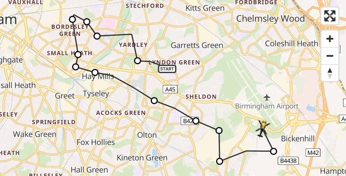 Flight route map: Police Helicopter to Bickenhill, A45