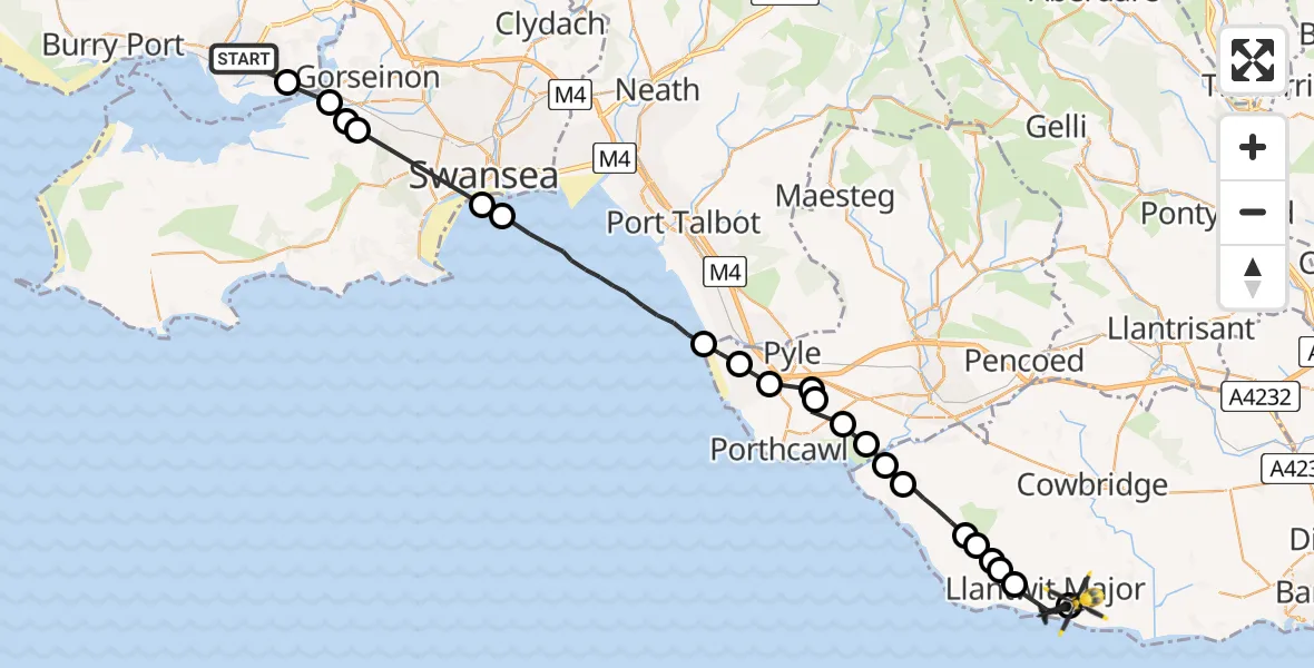 Flight route map: Police Helicopter to Boverton, Castle Close