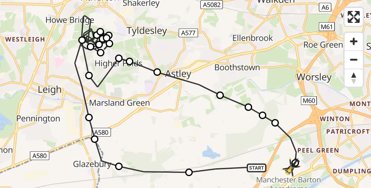 Flight path map showing Police Helicopter route from Irlam to Manchester Barton Aerodrome