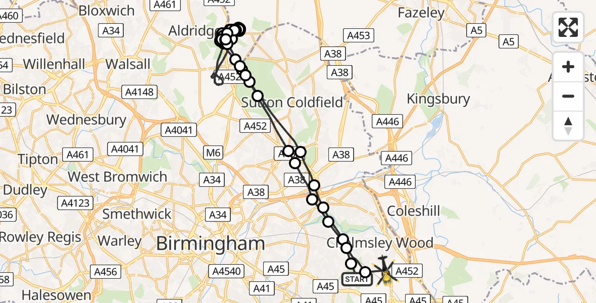 Flight route map: Police Helicopter to Coleshill Heath, Bickenhill Road