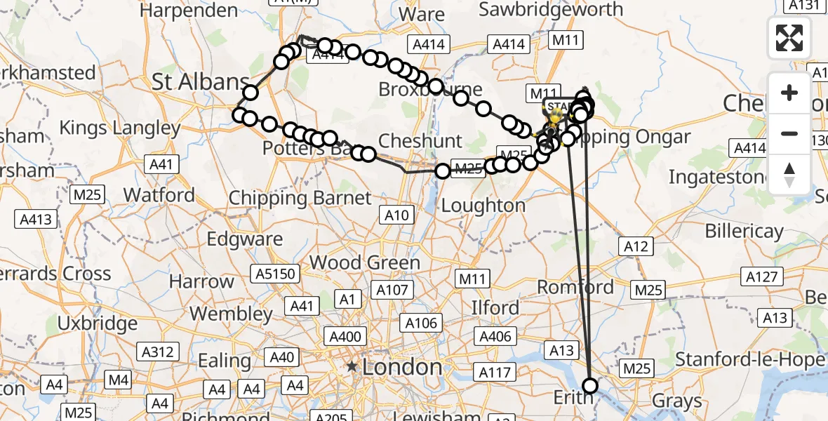 Routekaart van de vlucht: Police Helicopter to North Weald Bassett, Epping Road