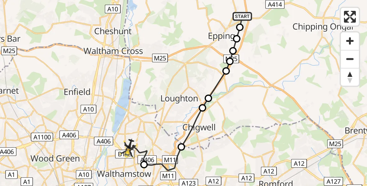 Flight route map: Police Helicopter to London Borough of Waltham Forest, Rushcroft Road