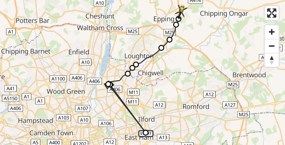 Flight route map: Police Helicopter to Coopersale, Gains Ride