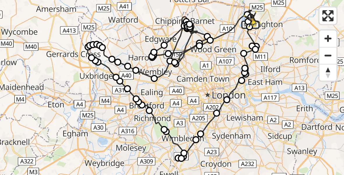 Flight path map showing Police Helicopter route from Sewardstonebury to Sewardstonebury