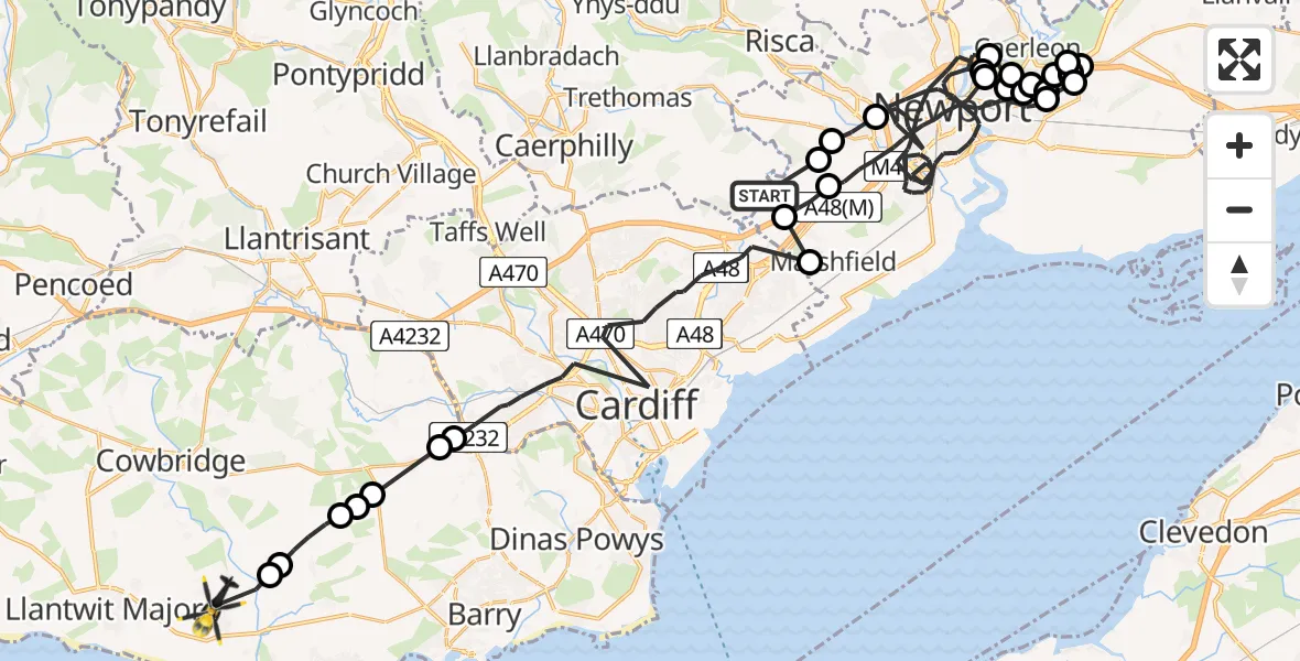 Routekaart van de vlucht: Police Helicopter to MOD St Athan, MOD St Athan
