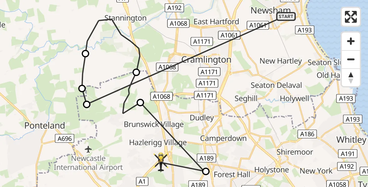 Routekaart van de vlucht: Police Helicopter to Hazlerigg Village, Greenfield Road