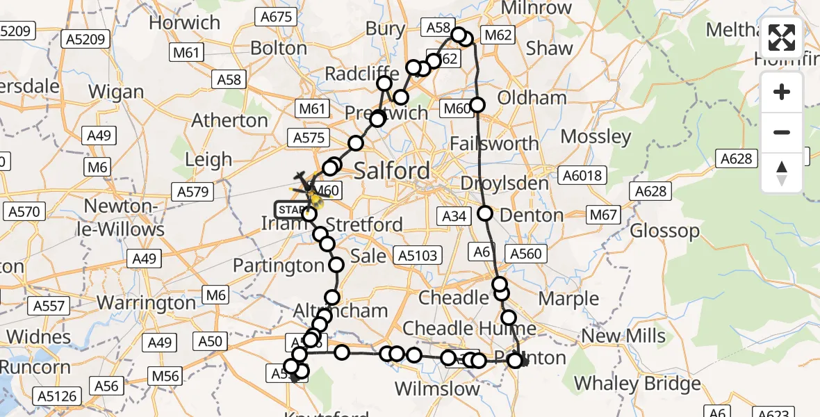 Flight path map showing Police Helicopter route from Irlam to Manchester Barton Aerodrome