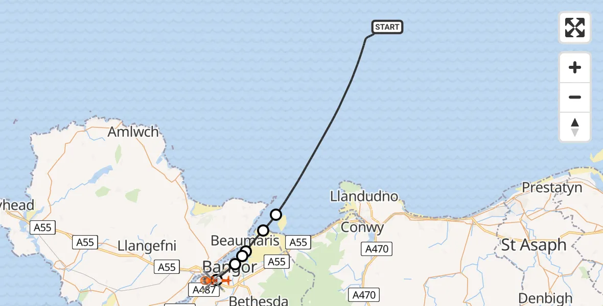 Flight route map: Coastguard Helicopter to Ysbyty Gwynedd Hospital Heliport, Ysbyty Gwynedd Hospital Heliport