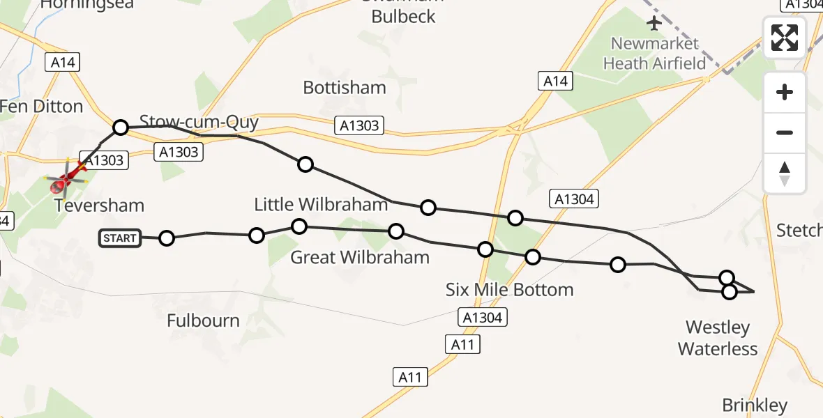 Routekaart van de vlucht: Air Ambulance Helicopter to Cambridge City Airport, Cambridge City Airport