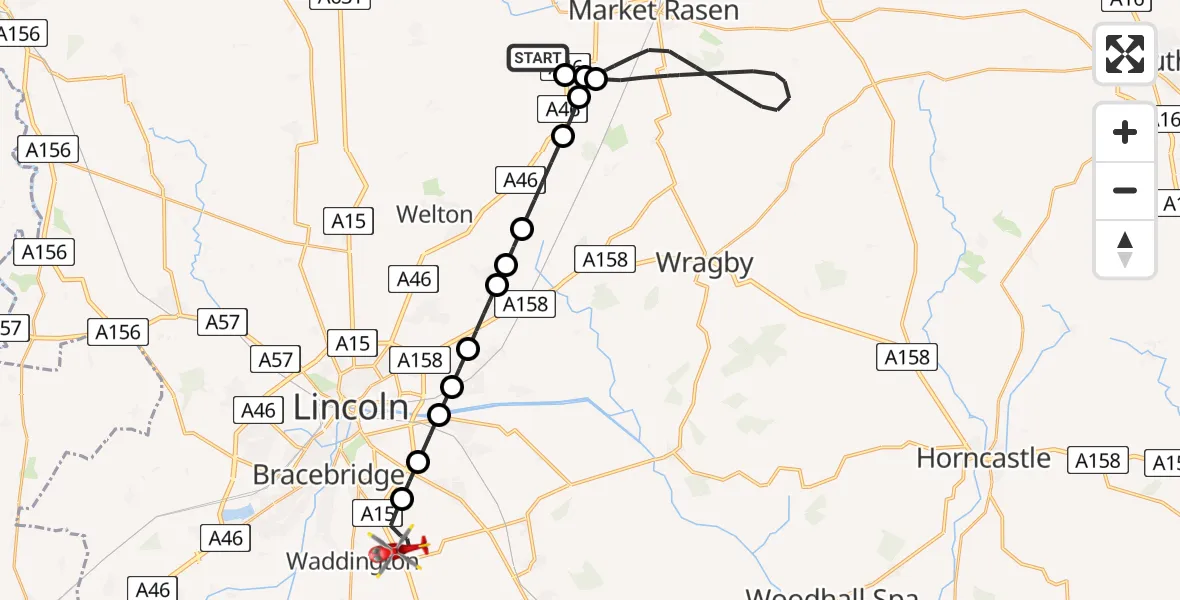 Routekaart van de vlucht: Air Ambulance Helicopter to North Kesteven, Sleaford Road