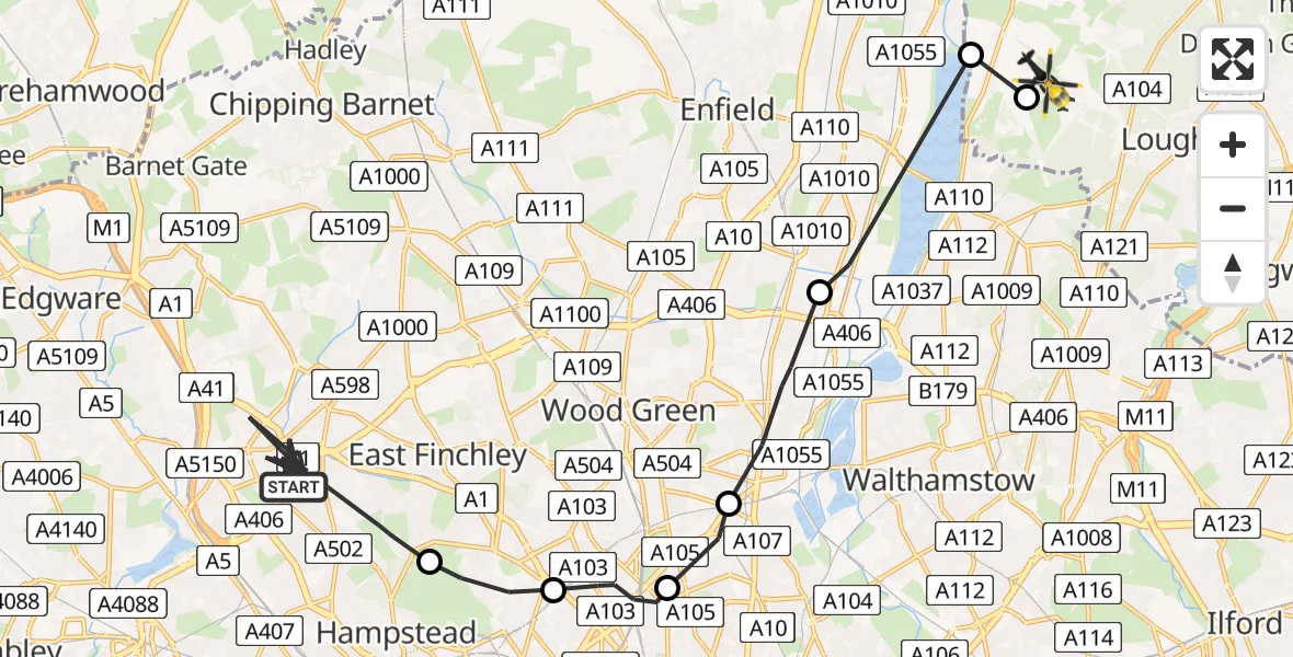 Flight route map: Police Helicopter to Sewardstonebury, Blind Lane
