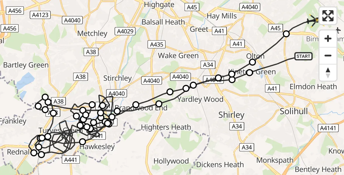 Flight route map: Police Helicopter to Birmingham, Coventry Road