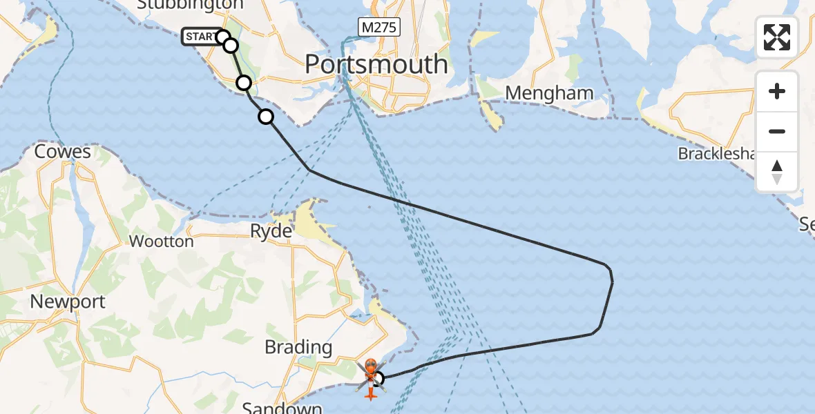 Flight route map: Coastguard Helicopter to Bembridge, Culver Down Road