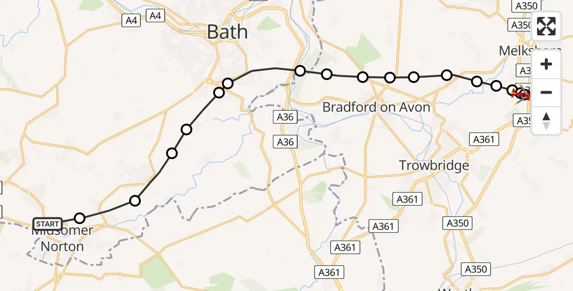 Flight route map: Air Ambulance Helicopter to Wiltshire Air Ambulance, Wiltshire Air Ambulance