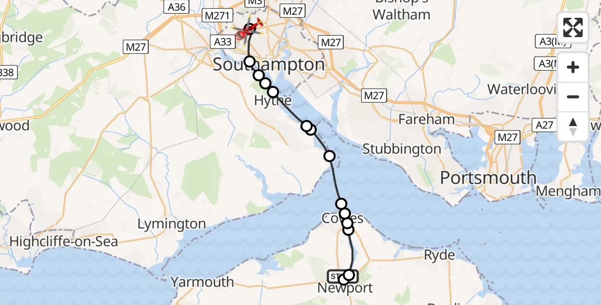 Flight route map: Air Ambulance Helicopter to University Hospital Southampton, University Hospital Southampton