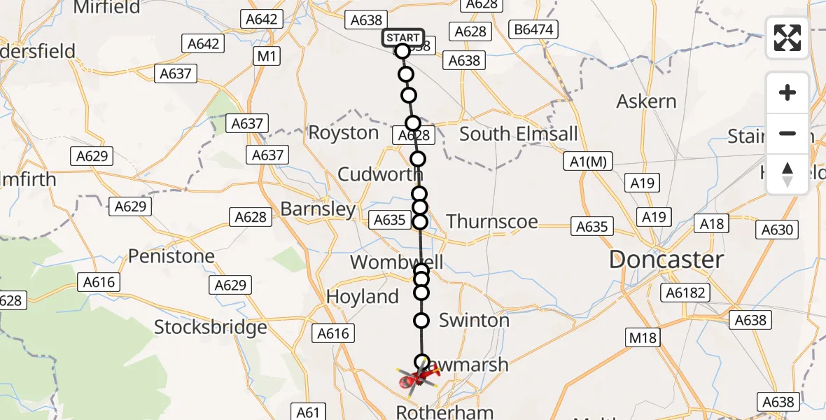 Flight route map: Air Ambulance Helicopter to Greasbrough, Wingfield Road
